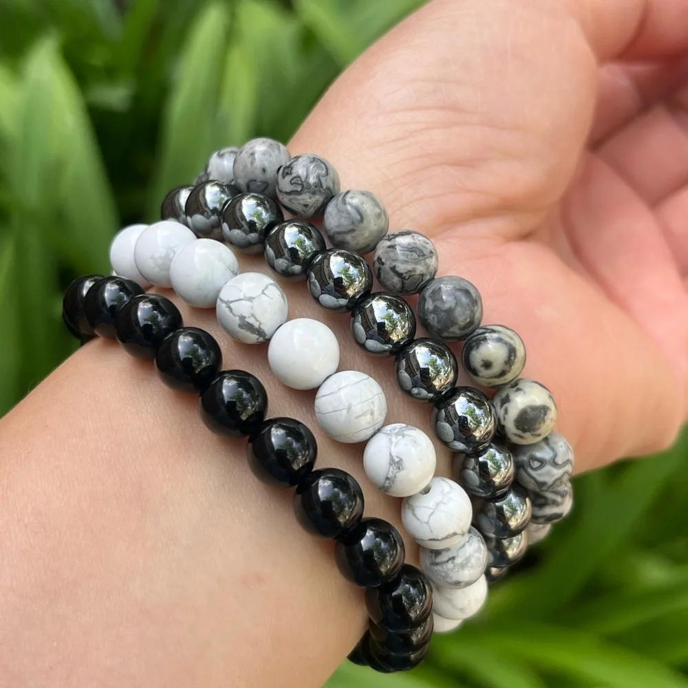 8mm stretchable black white‎ crystal bracelet set
